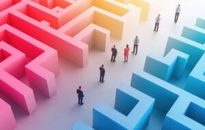 Colorful maze with people navigating pathways and obstacles.