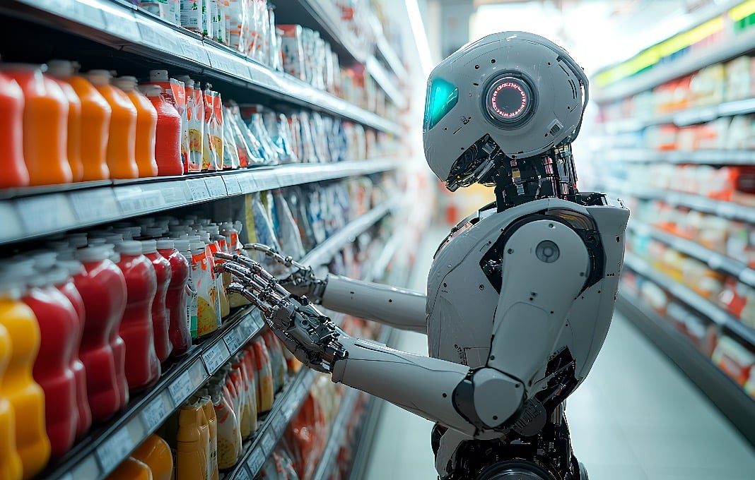 AI robot shopping in grocery store.