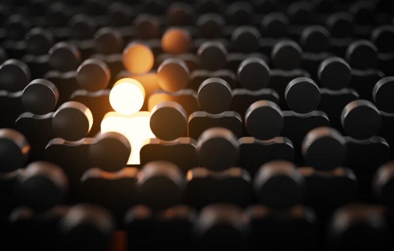 Be Standout 3D Concept, One Man Glowing Among Other People in Dark Condition