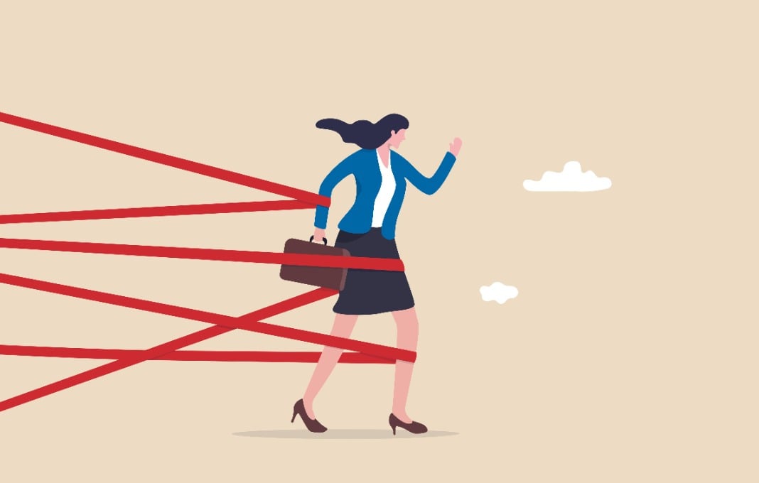 Illustration of business woman trying to walk through red tape