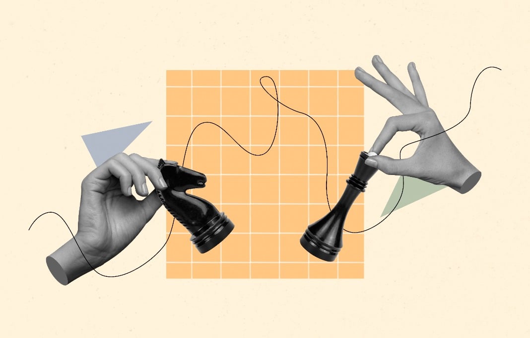 Creative abstract template collage of hands holding chess figures opponents