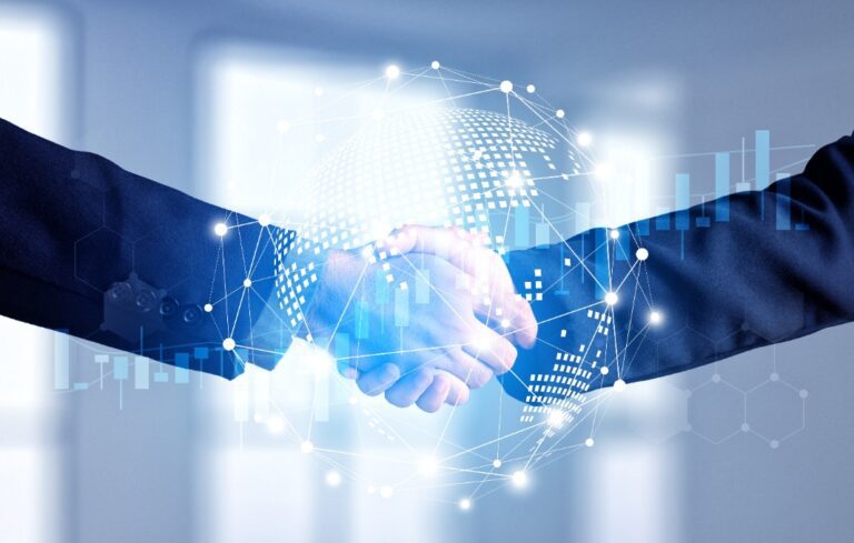 Businessmen handshake global stock market graph bar chart globe network connection links diagram background.