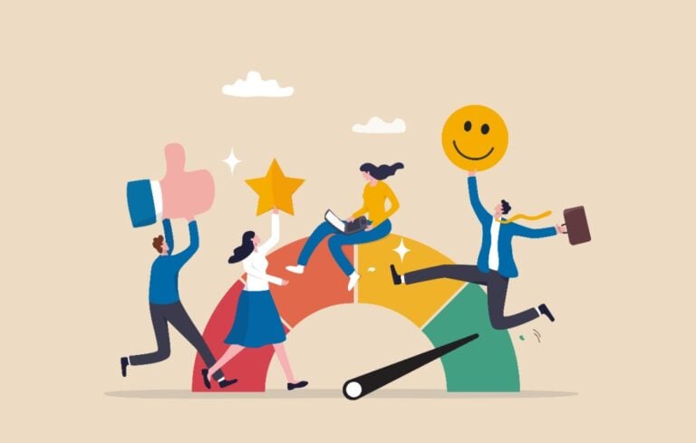 Graphic of business people with stars and happy faces on meter measuring happiness