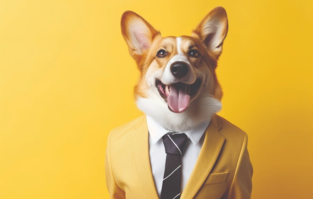 Corgi head on business person body in front of yellow background