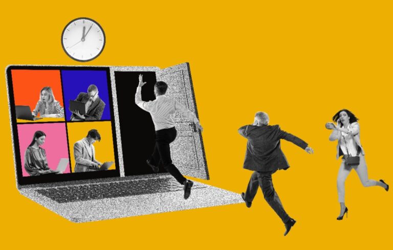 Composite image of employees running into a computer screen