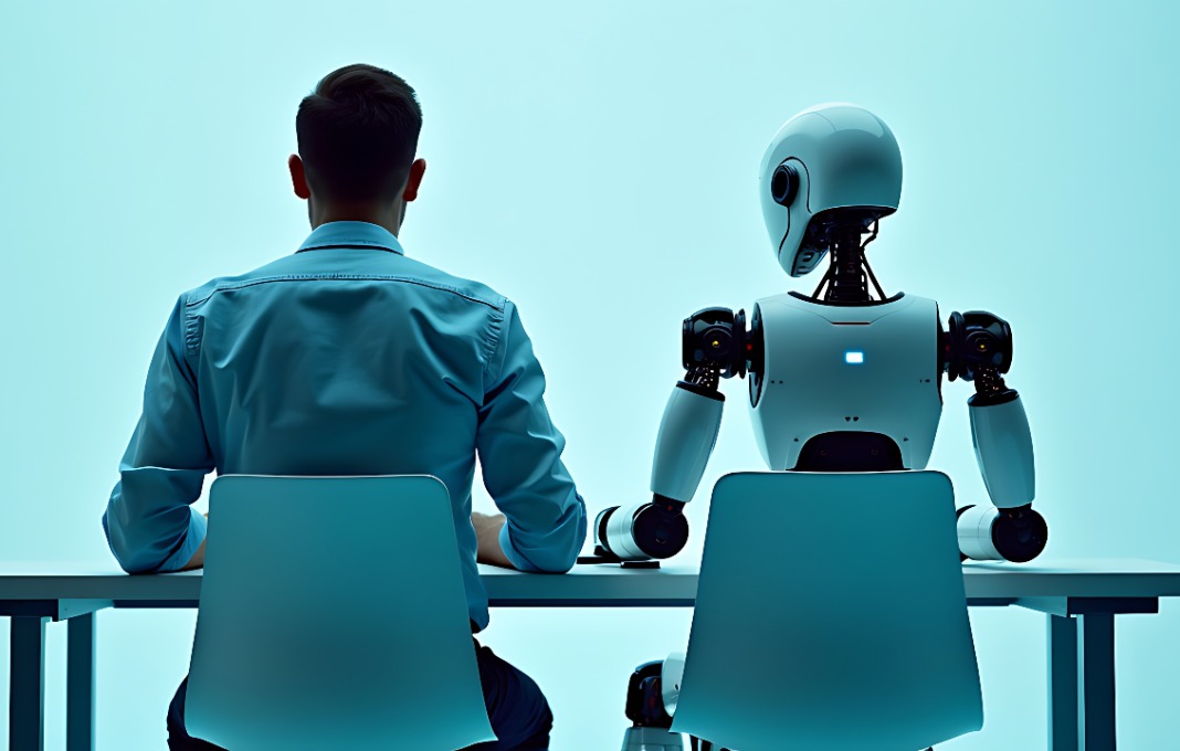 Rearview of the businessman in an elegant suit sitting in a chair next to the white robot cyborg in a studio.