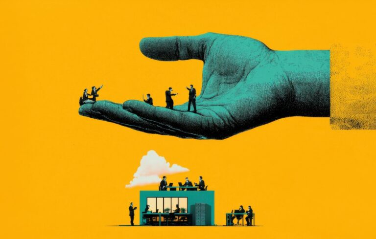 A giant hand hovering over a tiny office with people inside, representing micromanagement in action