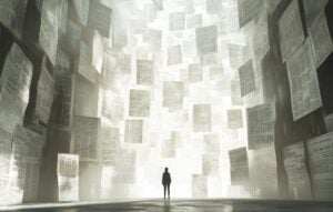 executive surrounded by pages of text