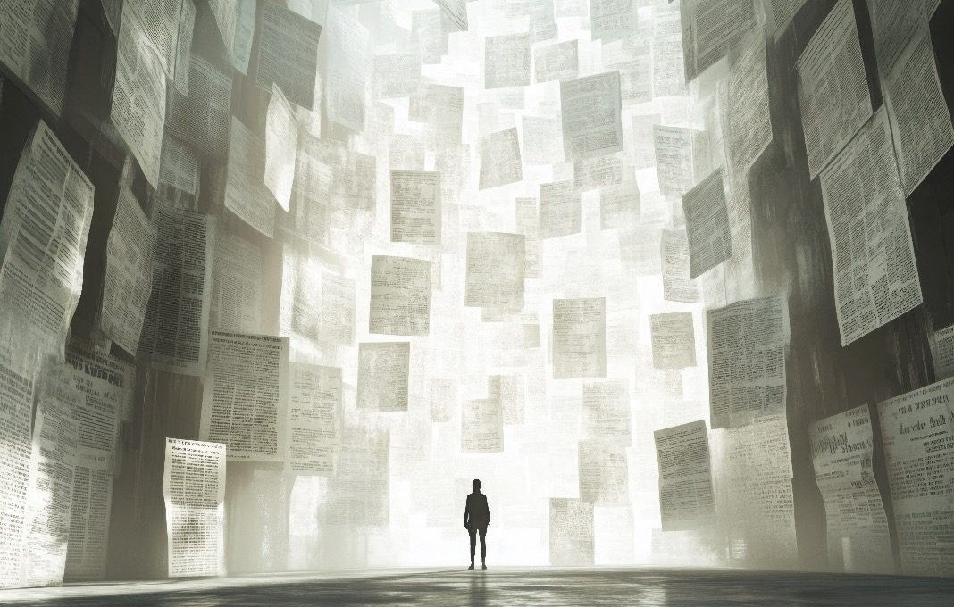 executive surrounded by pages of text